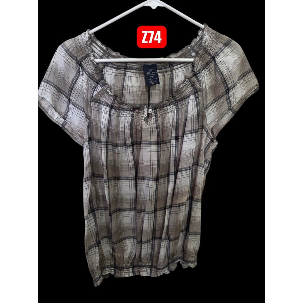 Z74 * Faded Glory cute short sleeve blousen waist hem
Plaid
Large